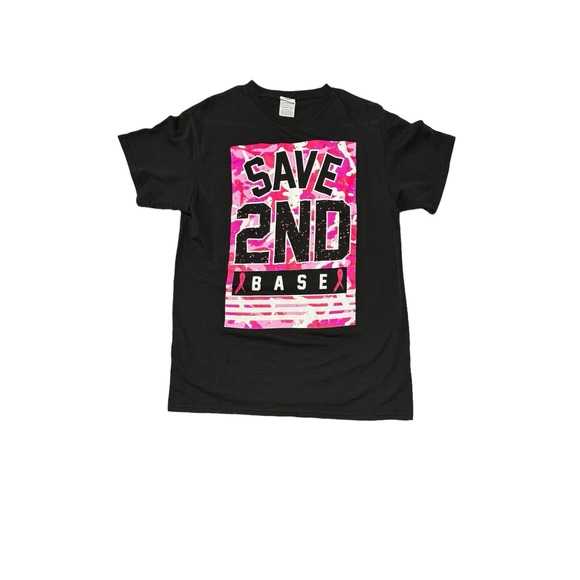 Tops - Save 2nd Base Black T-shirt Adult Medium Breast Cancer Awareness Pink Ribbon